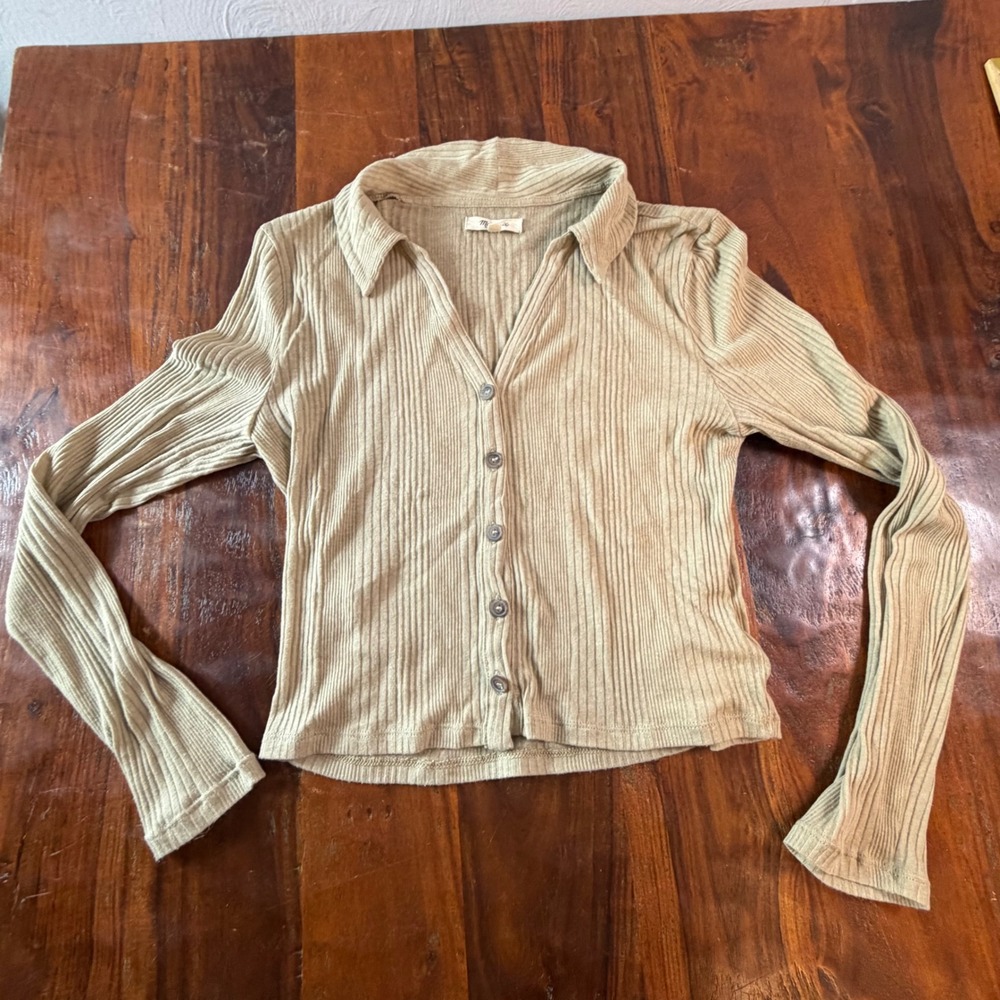 Madewell Sage Green Ribbed Knit Button Front Collared Cardigan Top Large